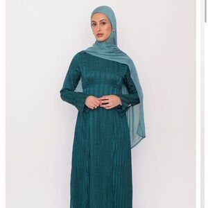 Blue Pleated Long Sleeve Dress for Wedding Guest